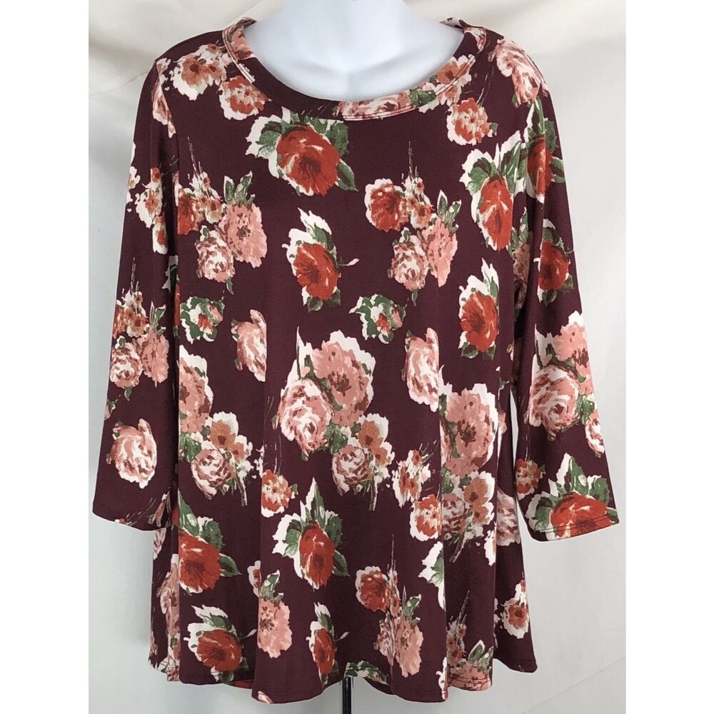 NWT Knit top 1X Brown Floral Rose Button Back 3/4sleeve CottageCore Boho Hippie